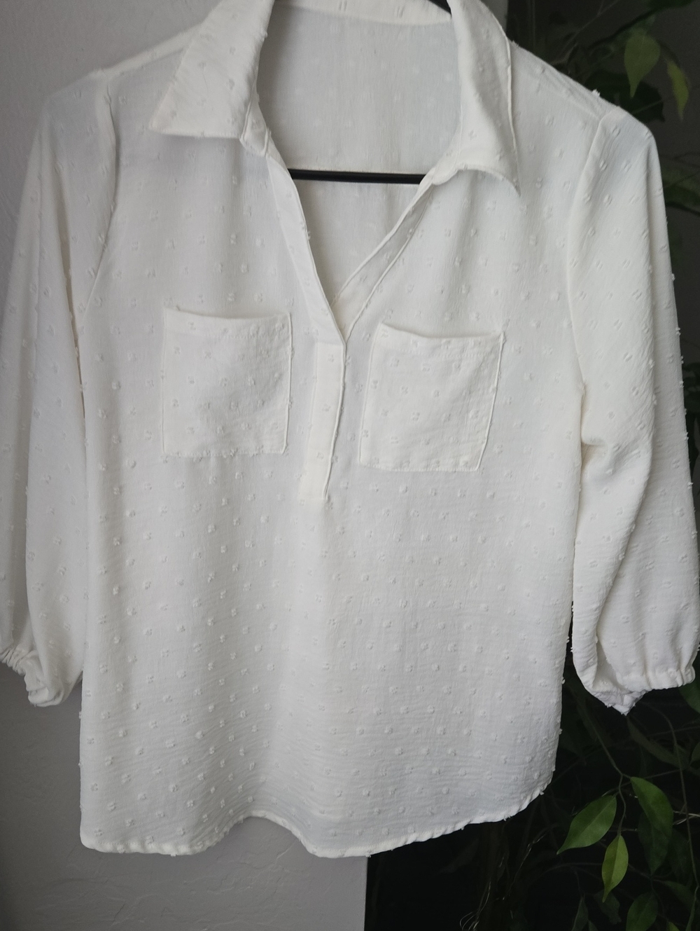 White Textured Collared Popover Blouse - Women's Top